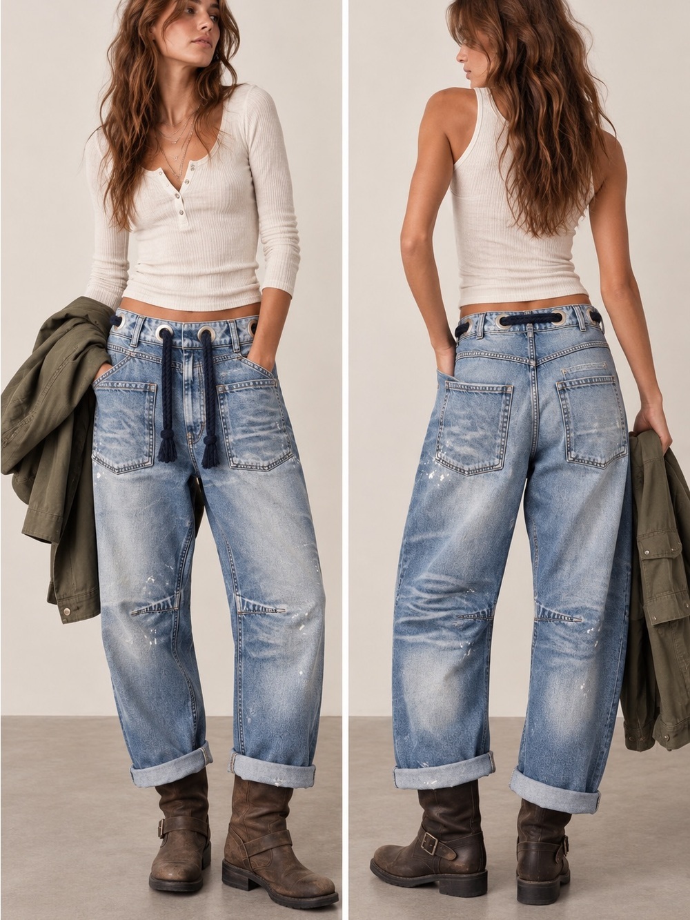 We The Free Moxie Pull-On Barrel Jeans Size 25 Paint Splatter Rope Belt